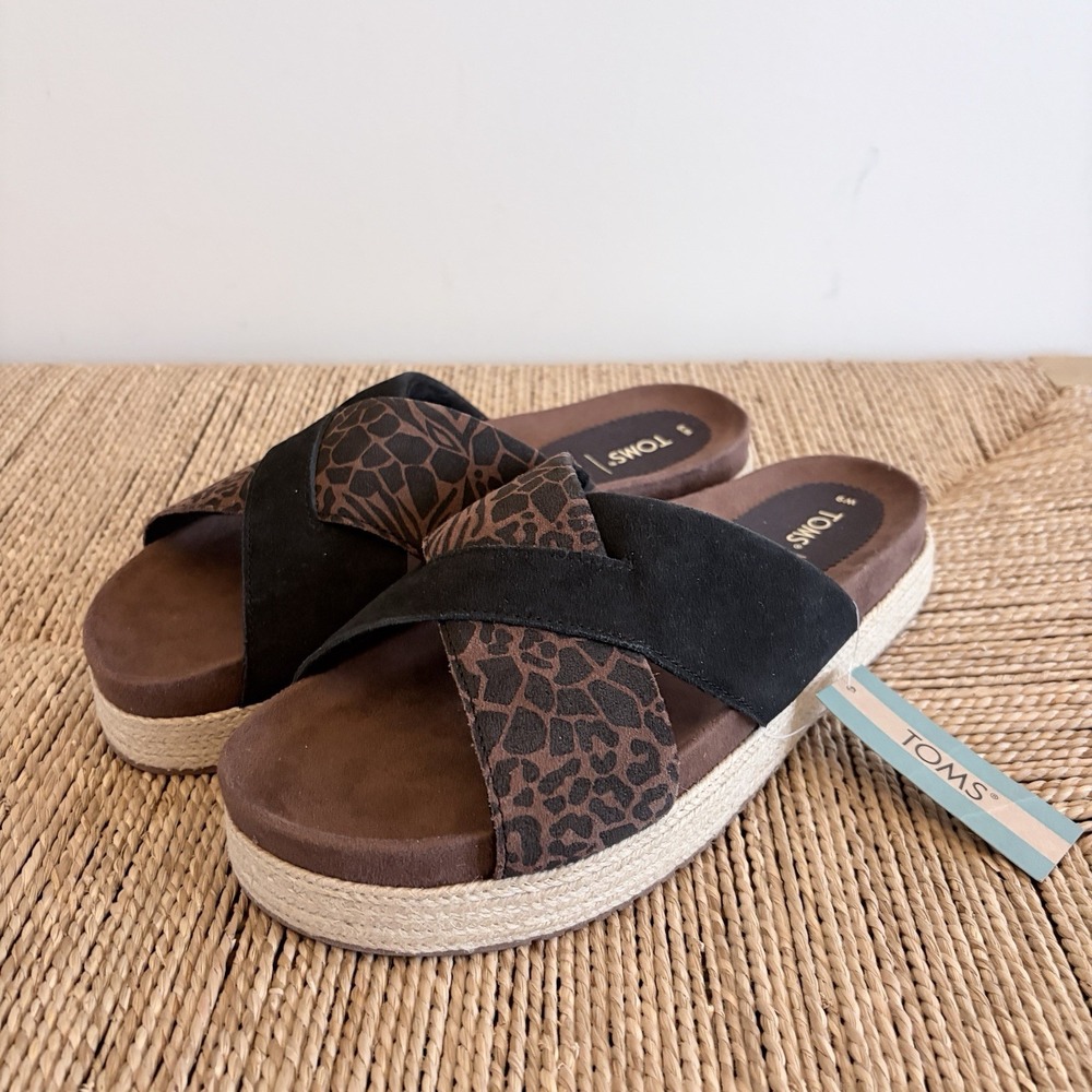 Toms Paloma Sandals NWT‎ Suede Sz W9 Animal Print  Black Platform Espadrille